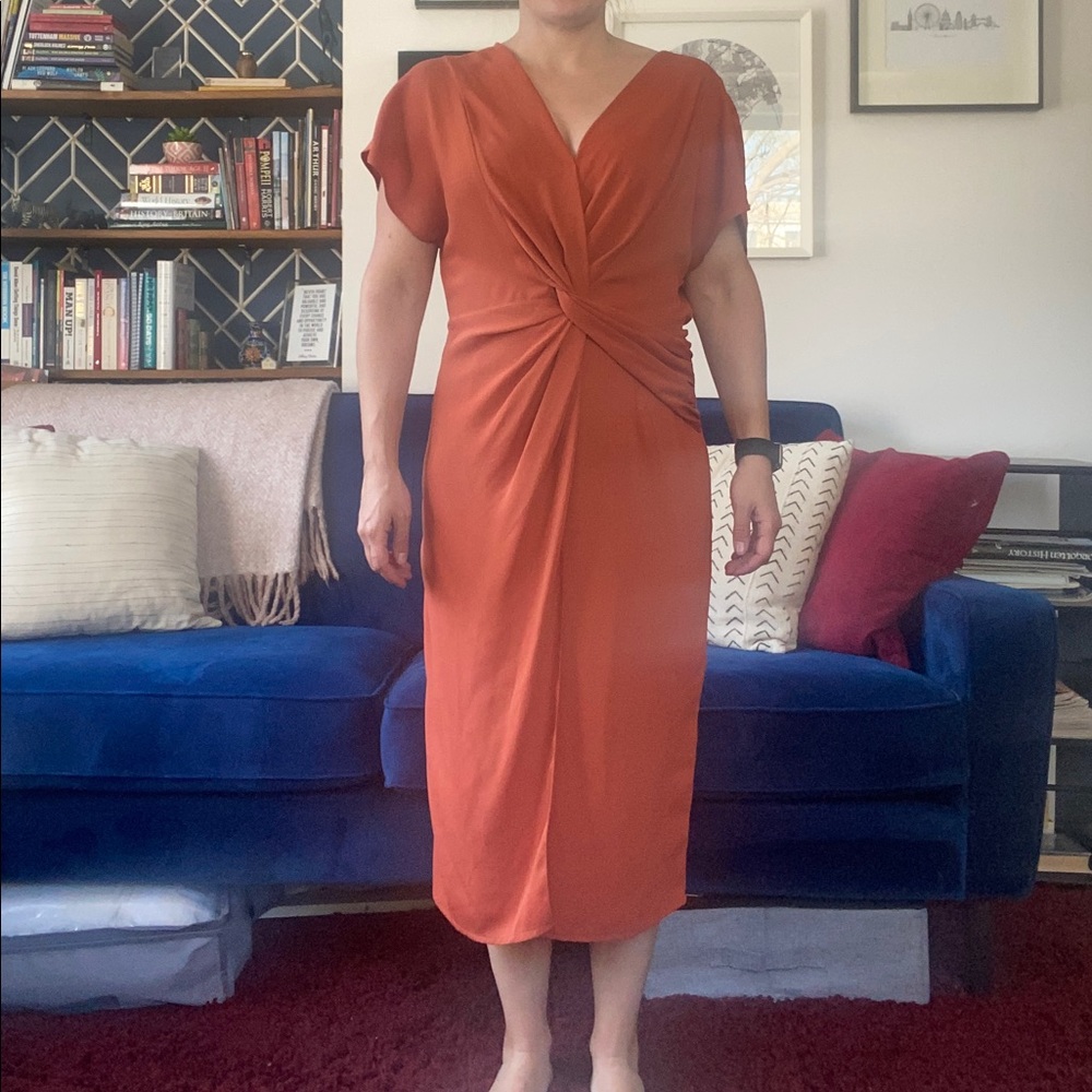 ASOS burnt orange midi dress with fabric cross and faux wrap, size 8 US